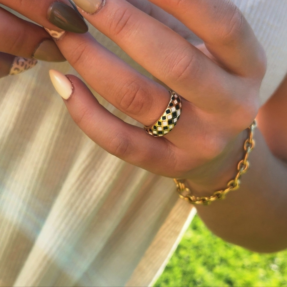 Gold and Black Stainless Checkered Ring